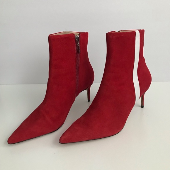Schutz  Adrien Red Suede White Stripe Ankle Boots - Picture 4 of 8